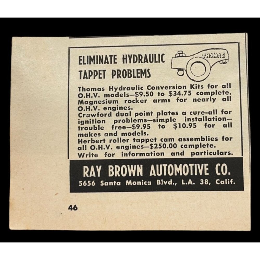 Ray Brown Automotive 50s Vintage Mini Print Ad Thomas Hydraulic Conversion Kits